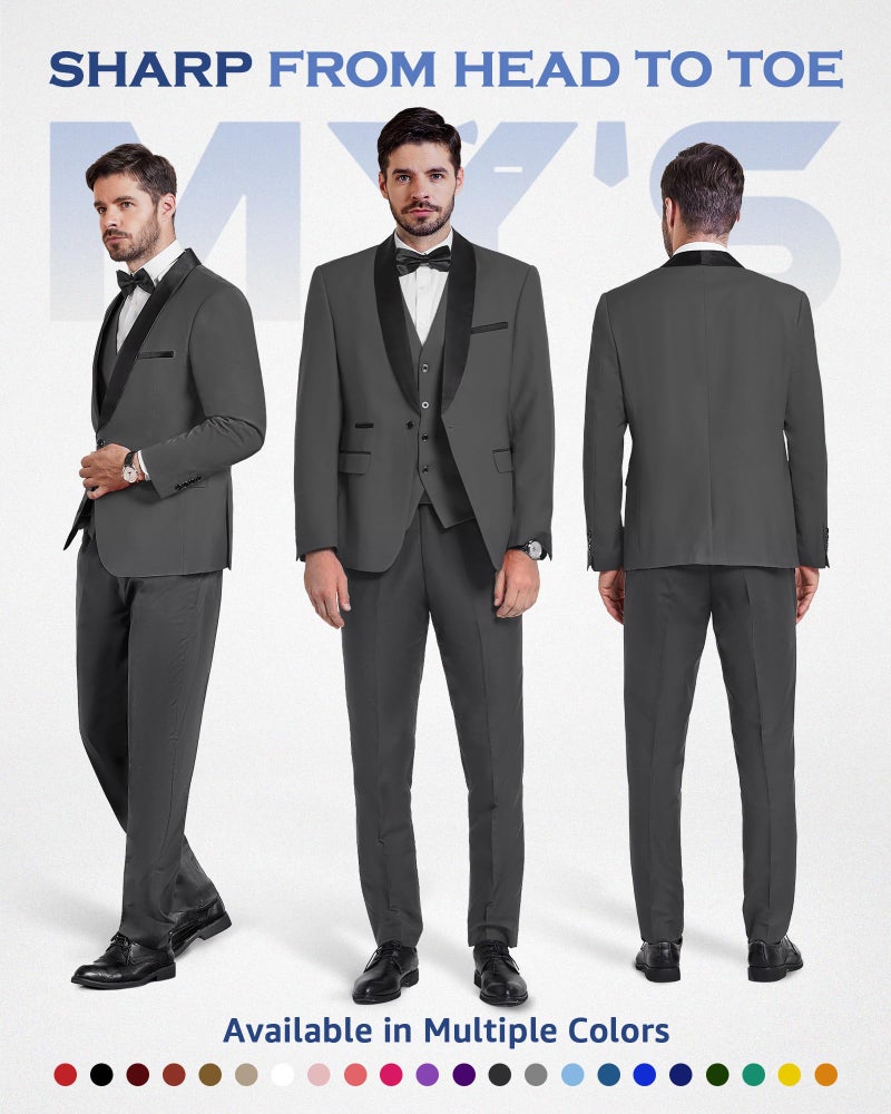 MYS MY'S Mens 3-Piece Suit Shawl Lapel One Button Tuxedo Slim Fit Premium Dinner Jacket Vest Pants & Tie Set Deep Grey - Image 2